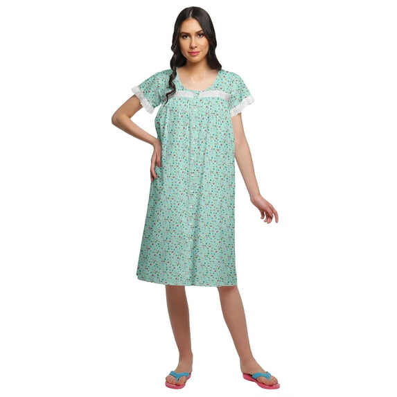 Moomaya Nightwear For Women Printed Cotton Nightdress Knee Length Sleepwear