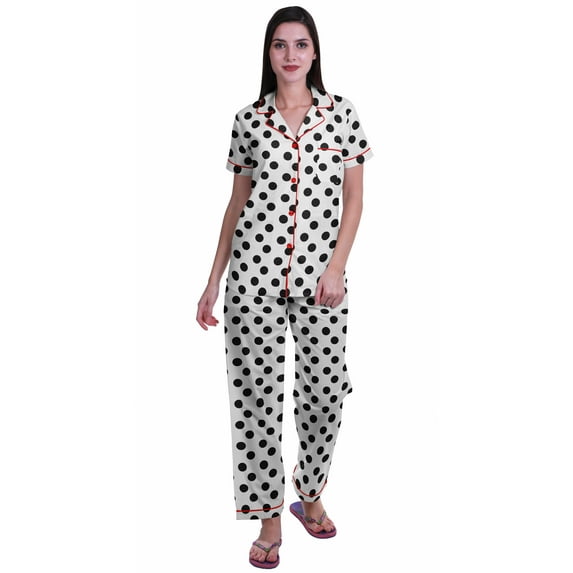 Moomaya Notch Collar Button Down Printed Cotton Pajama Set For Women Nightwear
