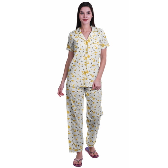 Moomaya Notch Collar Button Down Printed Cotton Pajama Set For Women Nightwear