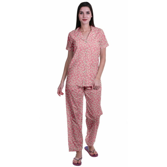 Moomaya Notch Collar Button Down Printed Cotton Pajama Set For Women Nightwear