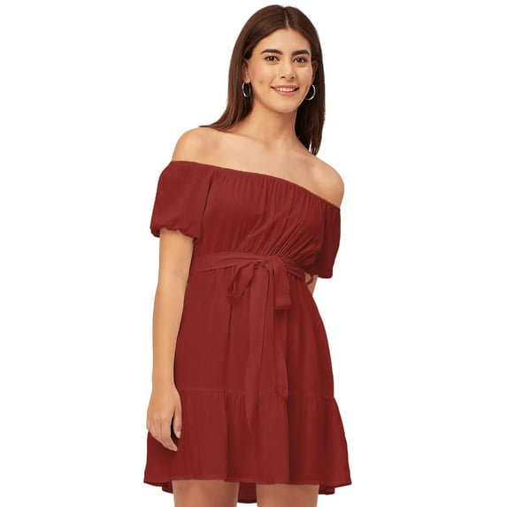 Moomaya Off Shoulder Solid Rayon Gathered Dress - Women's Trendy Casual Dress