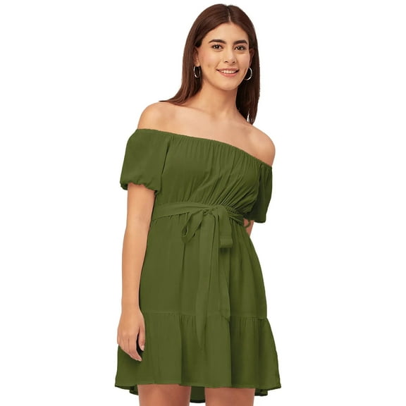 Moomaya Off Shoulder Solid Rayon Gathered Dress - Women's Trendy Casual Dress