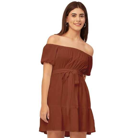 Moomaya Off Shoulder Solid Rayon Gathered Dress - Women's Trendy Casual Dress