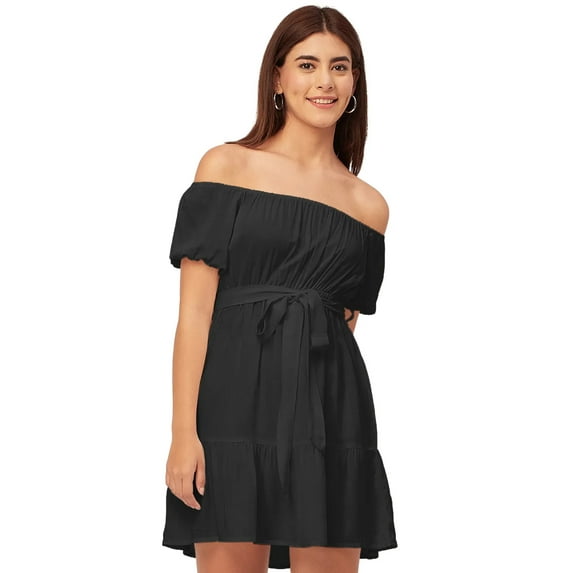 Moomaya Off Shoulder Solid Rayon Gathered Dress - Women's Trendy Casual Dress