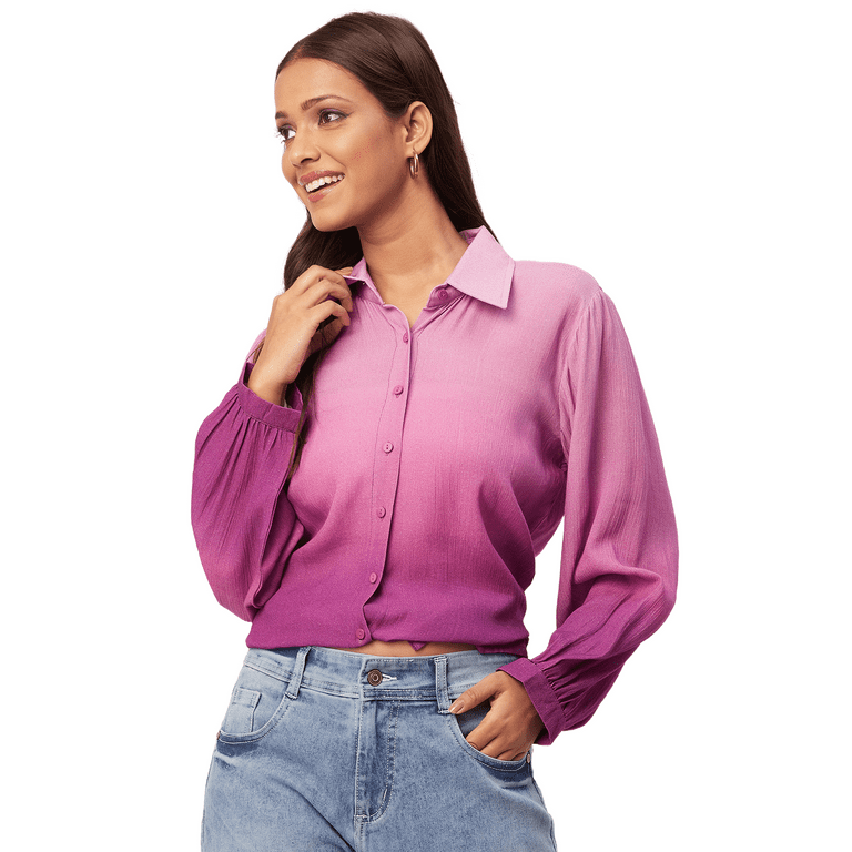 Moomaya Ombre Printed Color Button-Down Chic Shirt, Long Sleeve