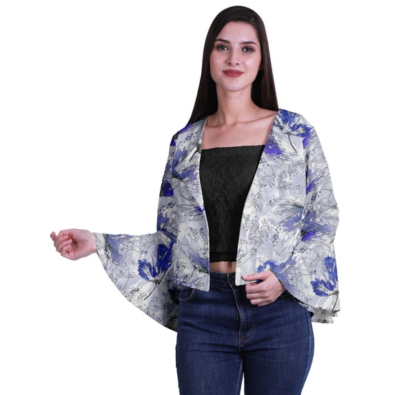 Moomaya Open Front Printed Full Bell Sleeve Short Summer Shrug Cardigan For Women