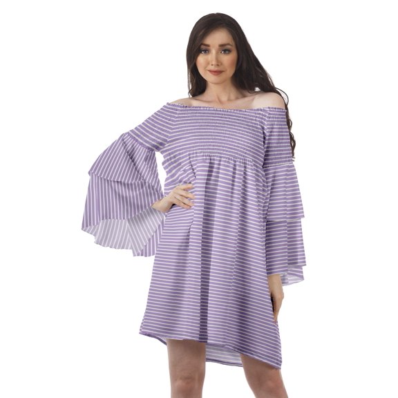 Moomaya Pastel Purple Womens Off Shoulder Summer Beach Dress Cotton Vacation Dress With Bell Sleeves - M