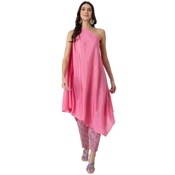 Moomaya Peach One Shoulder, Sleeveless Kurta Pant Set, Fusion Wear Outfit, Evening Wear