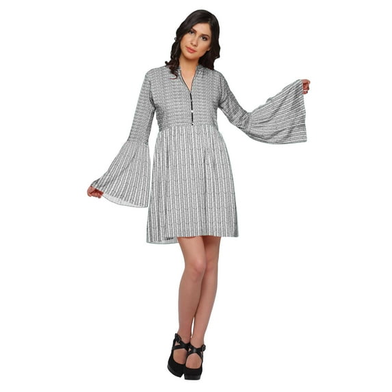 Moomaya Pleated Dress For Women Plus Size Mini Dress With Long Bell Sleeve