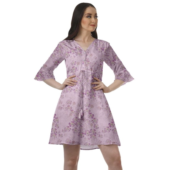 Moomaya Poly Crepe Casual Dresses Women Printed V Neck Drawstring Mini Dress