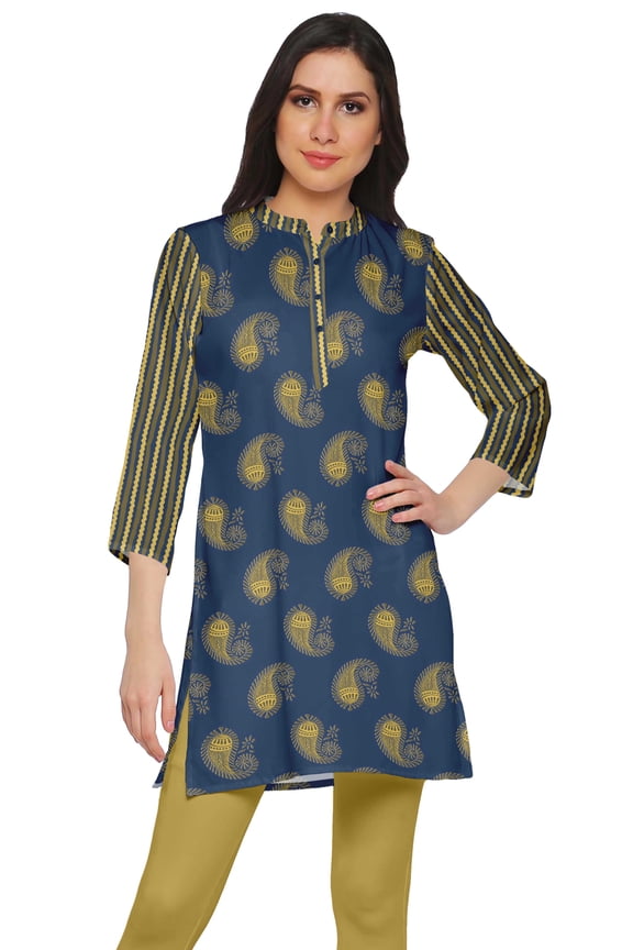 Poly Crepe Close Collar Neck Short Kurtis For Women Printed Dress Top
