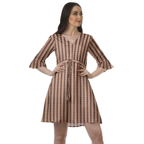 Moomaya Poly Crepe Printed Drawstring Mini Dress Plus Size WoMen's Shirt Dresses