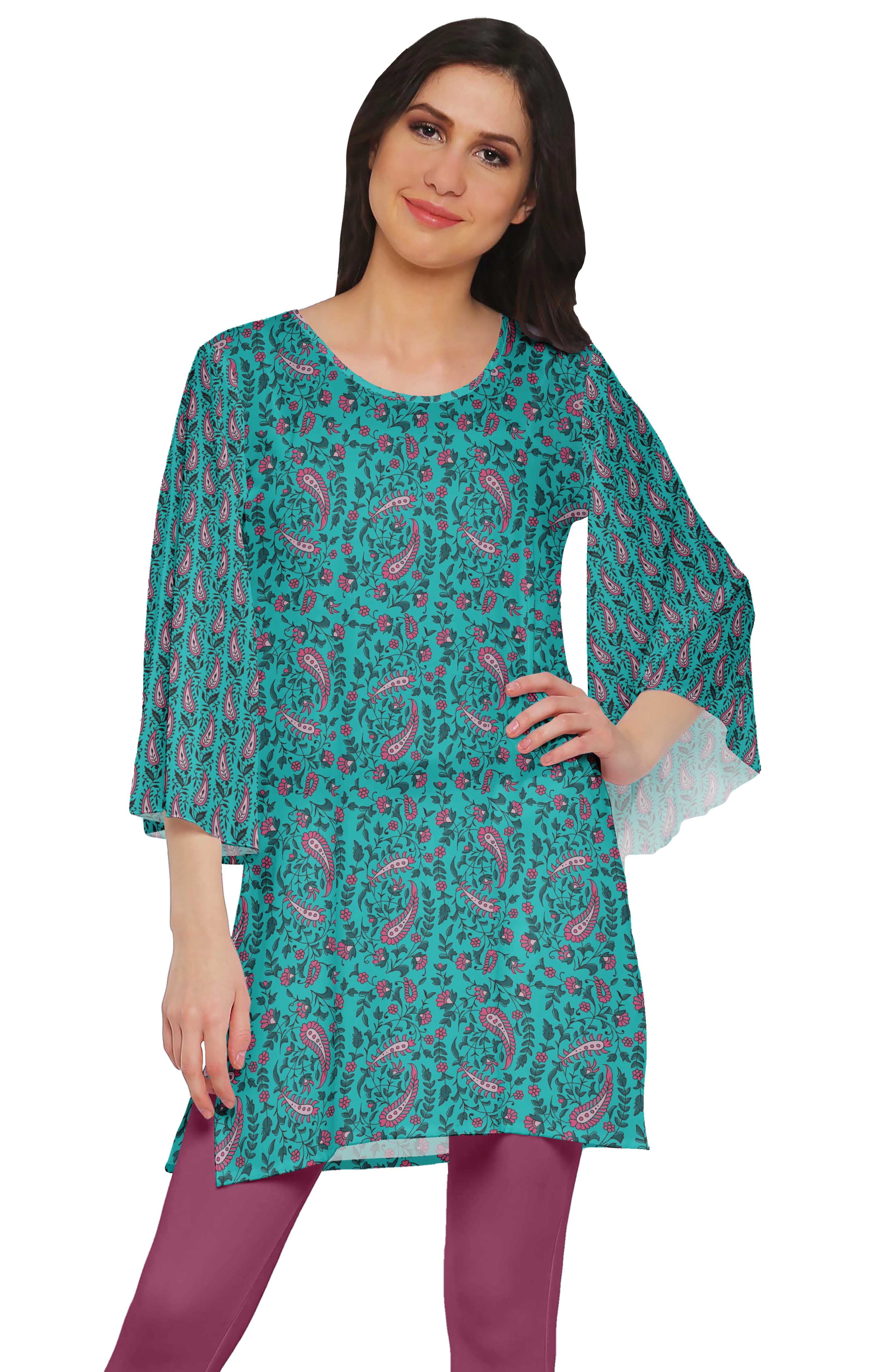 Moomaya Poly Crepe Short Kurtis For Women Printed Kimono Sleeve