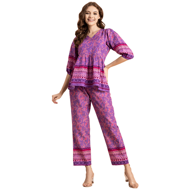 Moomaya Printed 2 Pcs Coord Set For Women, Cotton Top With Pants For Summers