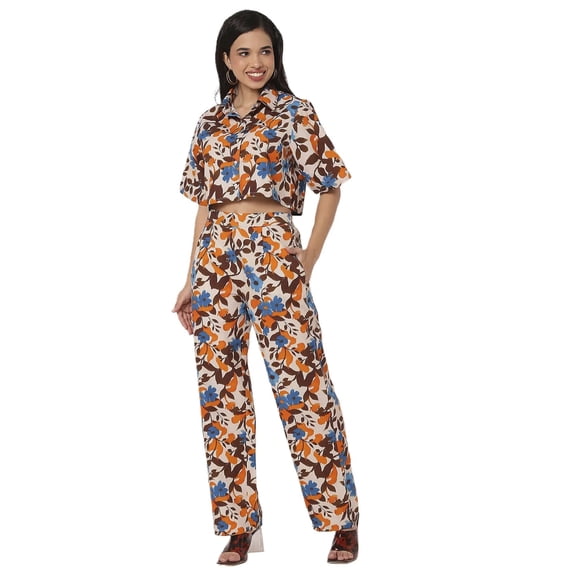 Moomaya Printed 2 Pcs Cotton Co-Ord Set, Short Sleeves Crop Shirt With Pants