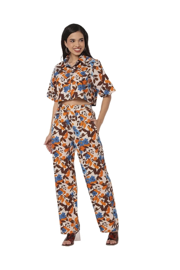 Printed 2 Pcs Cotton Co-Ord Set, Short Sleeves Crop Shirt With Pants