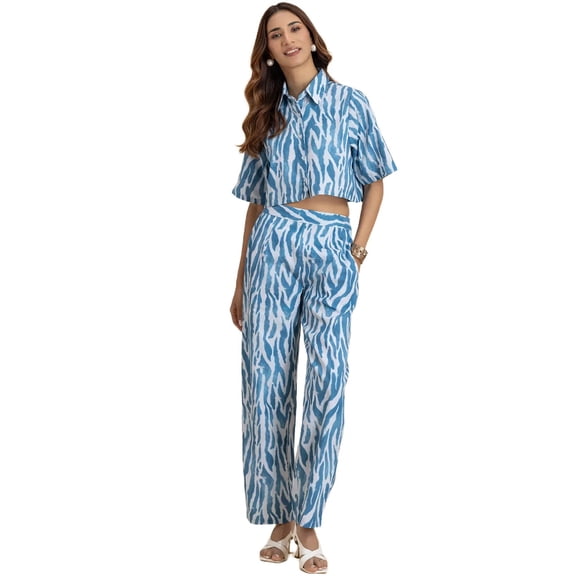 Moomaya Printed 2 Pcs Cotton Co-Ord Set, Short Sleeves Crop Shirt With Pants