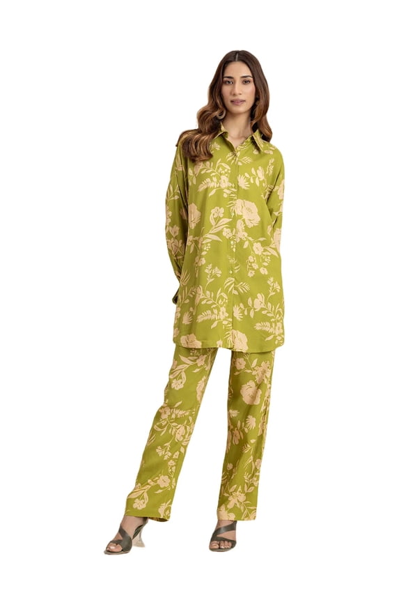 Printed 2 Pcs Loose Fit Viscose Co-Ord Set, Long Shirt With Pantsbeach Wear