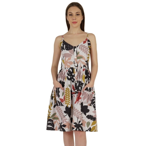 Moomaya Printed Adjustable Spaghetti Strap Dress For Women Summer Midi Dress with Pockets