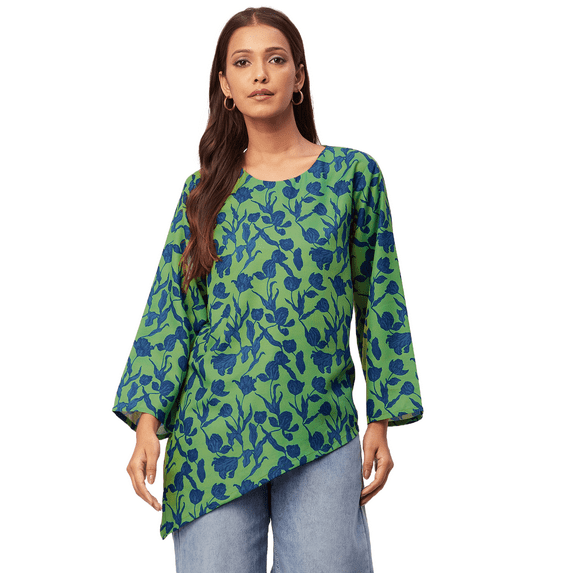 Moomaya Printed Asymmetric Tops For Women, Poly Rayon Long Sleeve Tunic Top