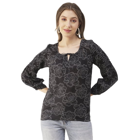 Moomaya Printed Balloon Sleeves Womens Top, Tie-Up Casual Summer Tunic Top