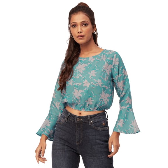 Moomaya Printed Blouson Top, Long Bell Sleeves Round Neck, Casual Crop Tops