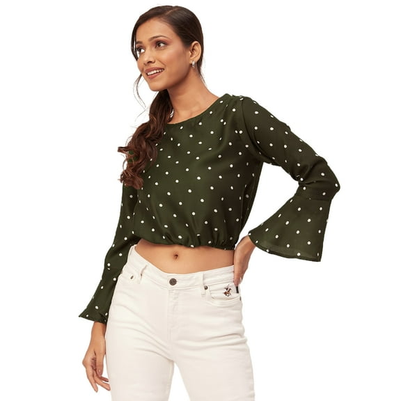 Moomaya Printed Blouson Top, Long Bell Sleeves Round Neck, Casual Crop Tops