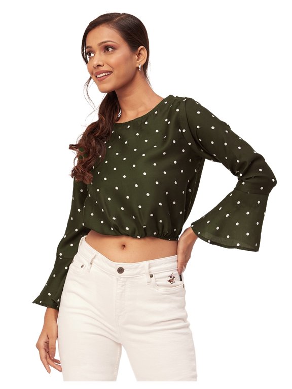 Printed Blouson Top, Long Bell Sleeves Round Neck, Casual Crop Tops