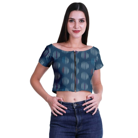 Moomaya Printed Boat Neck Womens Sexy Summer Tops Zip Front Viscose Crop Top