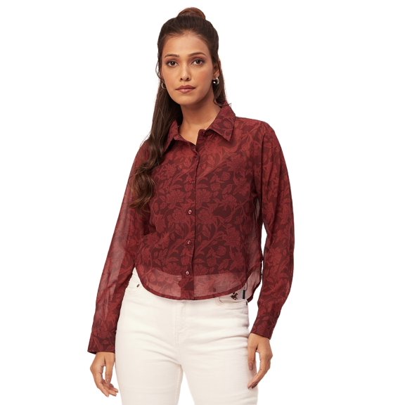 Moomaya Printed Button Down Collared Sheer Shirts, Long Sleeve High Low Hem Top