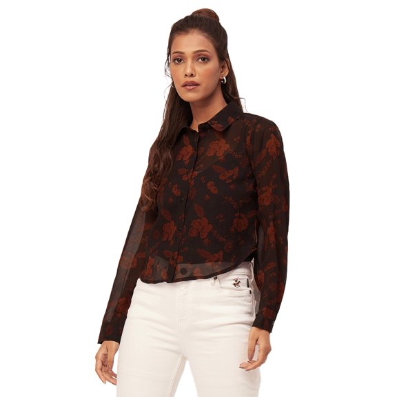 Moomaya Printed Button Down Collared Sheer Shirts, Long Sleeve High Low Hem Top