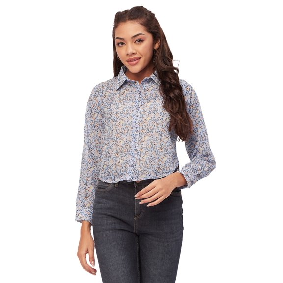 Moomaya Printed Button Down Collared Sheer Shirts, Long Sleeve High Low Hem Top