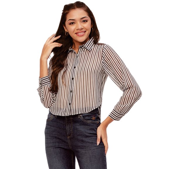 Moomaya Printed Button Down Collared Sheer Shirts, Long Sleeve High Low Hem Top