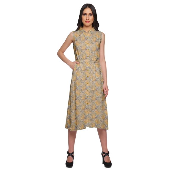 Moomaya Printed Button Down Sleeveless Kurti Dress With Pocket Casual Work Shirt