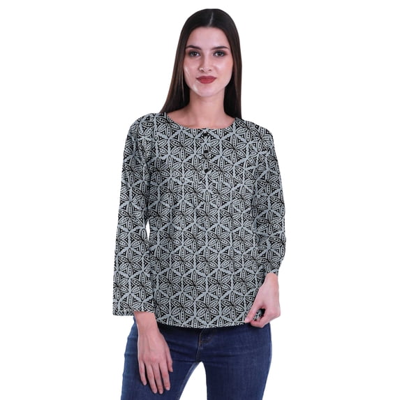 Moomaya Printed Button Placket Full Sleeve Top Round Neck WoMen's Casual Summer Tunic