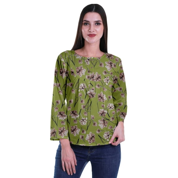 Moomaya Printed Button Placket Full Sleeve Top Round Neck WoMen's Casual Summer Tunic