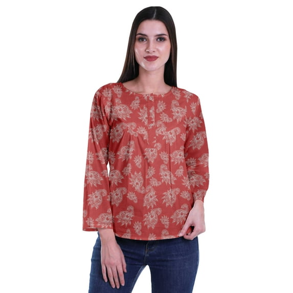 Moomaya Printed Button Placket Full Sleeve Top Round Neck WoMen's Casual Summer Tunic