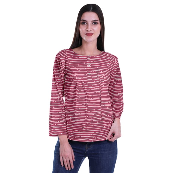 Moomaya Printed Button Placket Full Sleeve Top Round Neck WoMen's Casual Summer Tunic