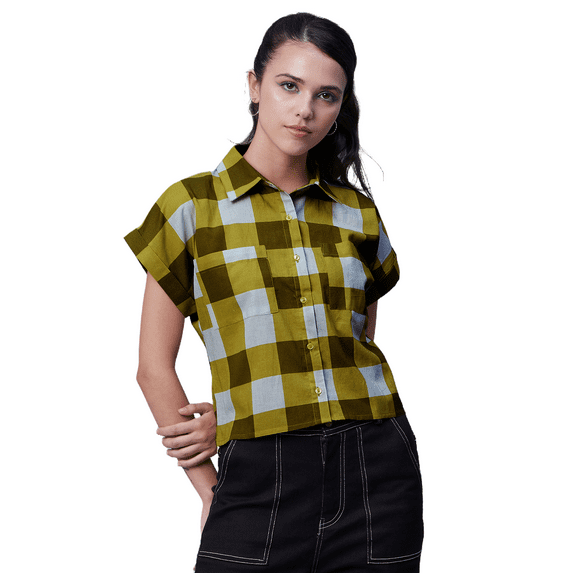 Moomaya Printed Button-Up Shirt For Women, Short Sleeve Collared Blouses With Pockets