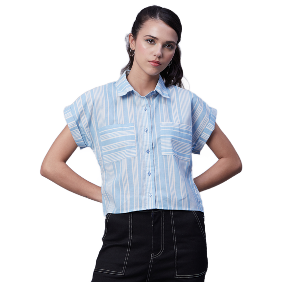 Moomaya Printed Button-Up Shirt For Women, Short Sleeve Collared Blouses With Pockets
