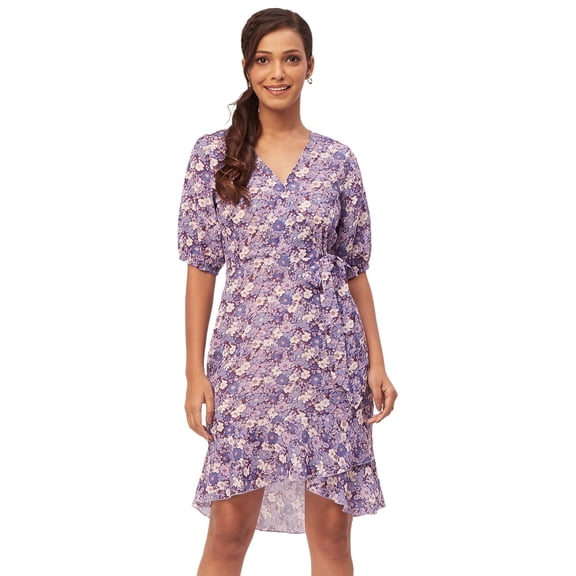 Moomaya Printed Casual Dresses For Women, V-Neck Asymmetric Summer Wrap Dress