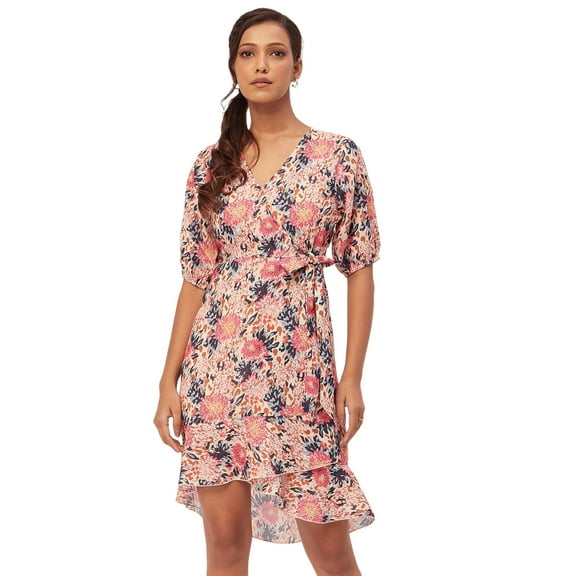 Moomaya Printed Casual Dresses For Women, V-Neck Asymmetric Summer Wrap Dress