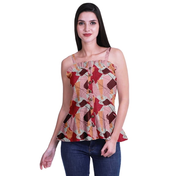 Moomaya Printed Casual Frill Smoked Full Buttoned Closure Women Fitted Crop Top