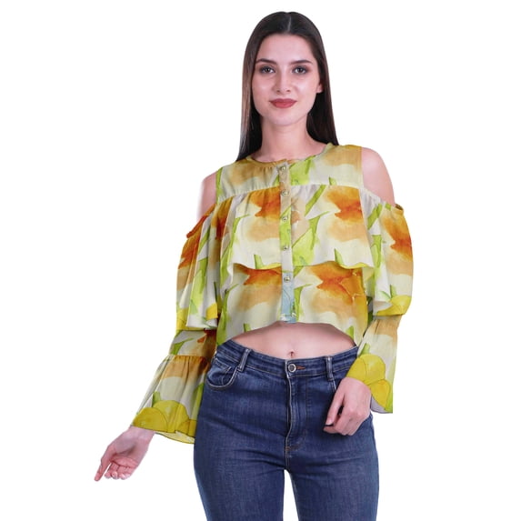 Moomaya Printed Casual Long Sleeve Tops Women Cold Shoulder Ruffle Sleeves Top