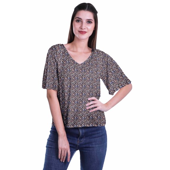 Moomaya Printed Casual Top For Womens V-Neck Summer Top Short Sleeve Blouse T-shirt