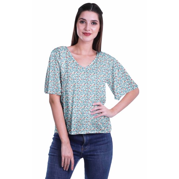 Moomaya Printed Casual Top For Womens V-Neck Summer Top Short Sleeve Blouse T-shirt