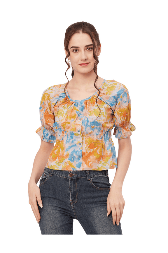 Printed Cinched Waist Top, Half Sleeve Round Neck Retro Tops For Women
