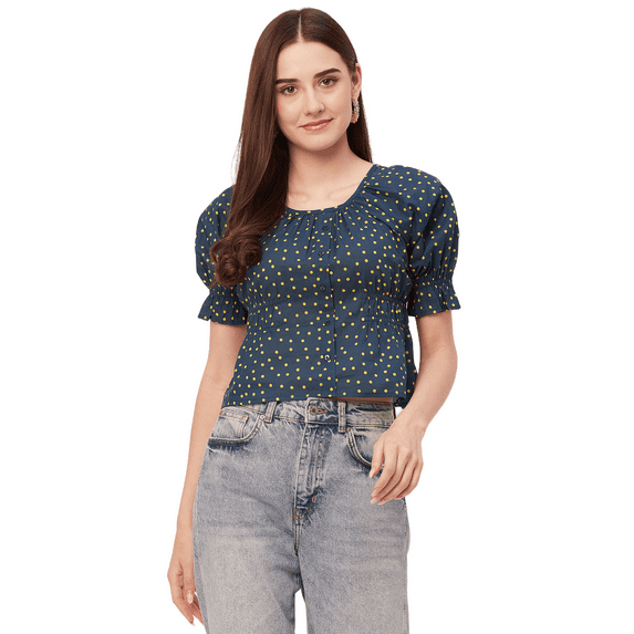 Moomaya Printed Cinched Waist Top, Half Sleeve Round Neck Retro Tops For Women