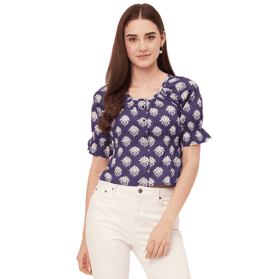 Moomaya Printed Cinched Waist Top, Half Sleeve Round Neck Retro Tops For Women