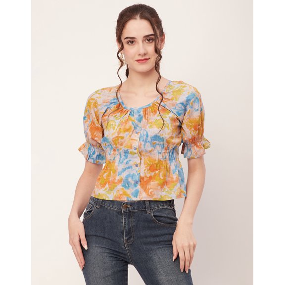 Moomaya Printed Cinched Waist Top, Half Sleeve Round Neck Retro Tops For Women